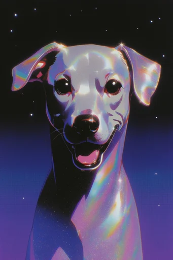 Iridescent Retro Futurist style reference image — high-gloss cosmic atmosphere