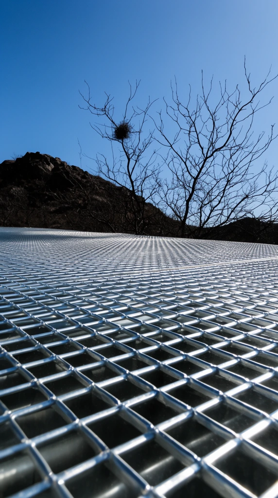 expansive reflective metallic grid grating, low angle receding perspective, clear bright blue sky, distant dark rocky hill, silhouetted bare branches with a bird nest, high contrast daylight photography, sharp industrial texture