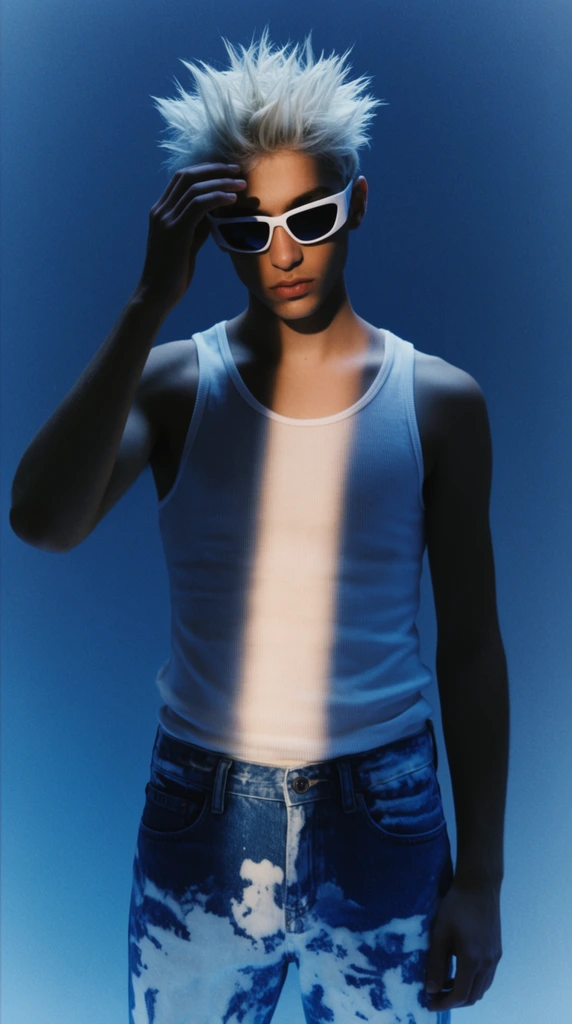 waist-up portrait of a young male with spiky platinum hair, white ribbed tank top, blue jeans with prominent white bleached patches, angular white sunglasses, right hand raised touching forehead, plain blue backdrop, dramatic studio lighting, deep ambient blue wash, stark vertical slice of warm light illuminating the center of his torso, Y2K fashion editorial style, high contrast, moody cinematic lighting, slight film grain
