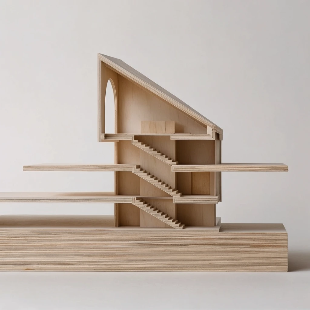light plywood architectural cross-section model, central core revealing internal zigzag staircases, asymmetrical sloped roof with an arched cutout, long horizontal cantilevered floor plates, thick layered wooden base showing edge grain, seamless off-white background, soft diffused studio lighting, precise minimalist geometry, straight-on profile perspective