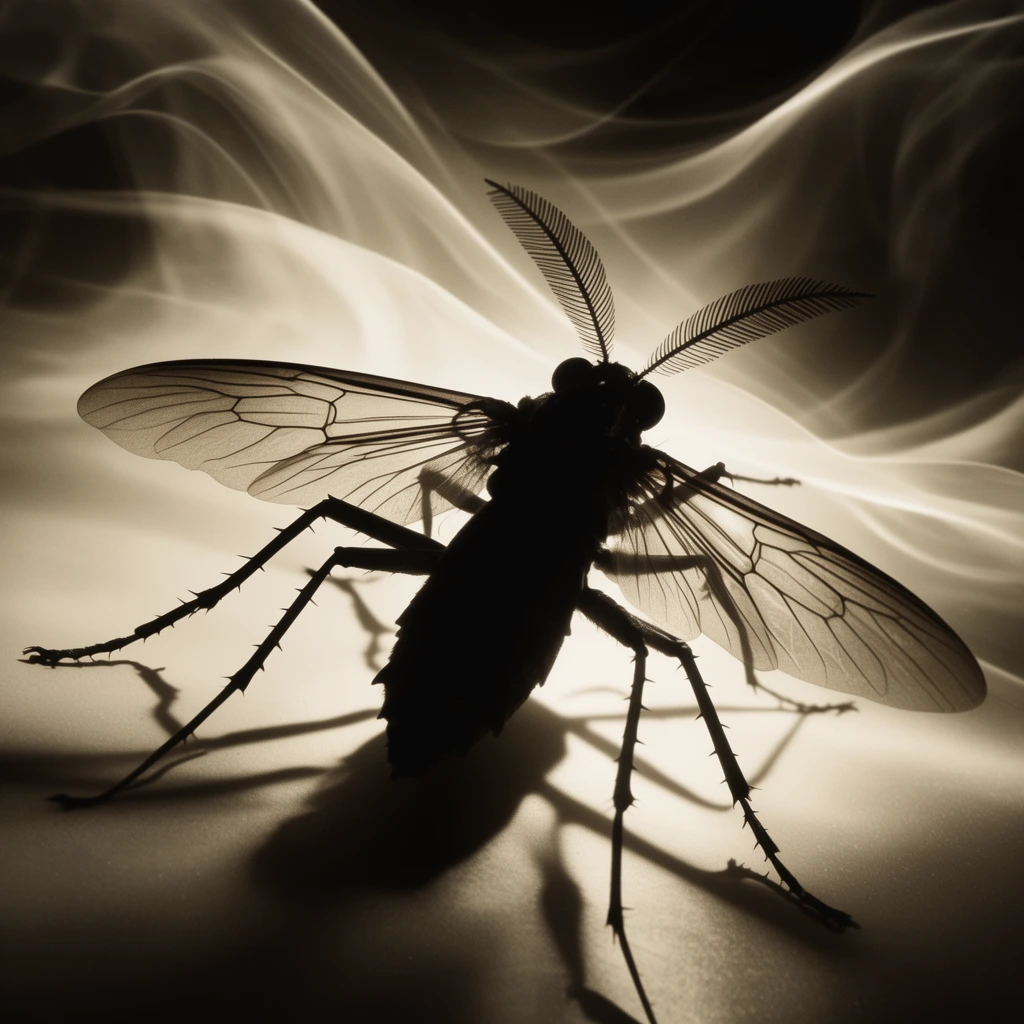 macro silhouette of a large winged insect, central placement, long jointed legs with spikes, prominent feathery antennae, dark opaque body, sharp spidery shadows cast on a luminous smooth surface, abstract undulating background resembling flowing smoke, monochromatic sepia and black palette, high contrast dramatic backlighting, ethereal atmospheric mood