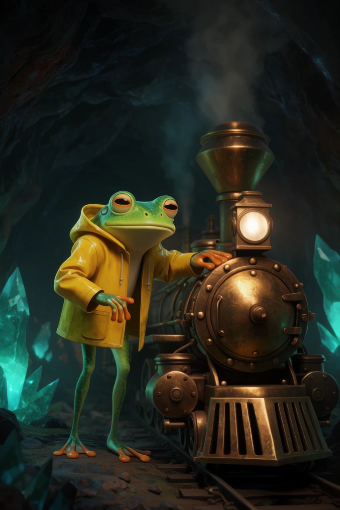 lanky humanoid frog in a yellow slicker leaning over a brass steampunk train engine, dark subterranean cavern, glowing teal crystals, cinematic 3D animation, moody lighting