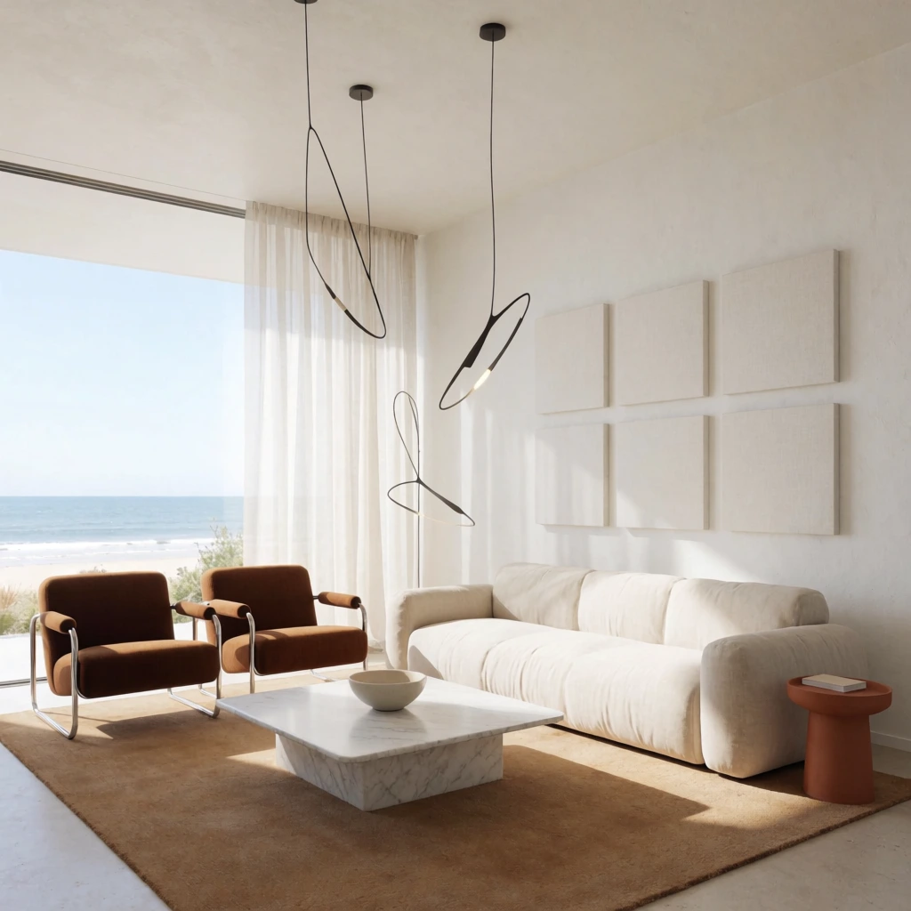 minimalist sunlit living room interior, plush cream sofa, two rust-brown armchairs with chrome frames, white marble coffee table with a ceramic bowl, thin black sculptural pendant lights, terracotta side table, tan rug, white wall with raised square canvas panels, sheer curtains, window framing a beach and ocean view, bright natural daylight, photorealistic architectural rendering