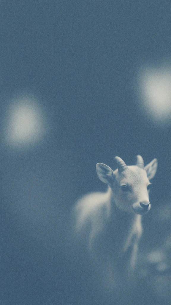 small young animal with short blunt horns, minimalist composition, heavy film grain and dense stochastic noise, muted deep blue color field, soft hazy white light patches, ethereal and dreamlike atmosphere, diffuse soft focus, high-iso cinematic grain, low contrast shadows, stippled texture, nostalgic and abstract aesthetic, seamless integration of the subject into a textured blue background, professional art-directed photography, muted cerulean and white palette