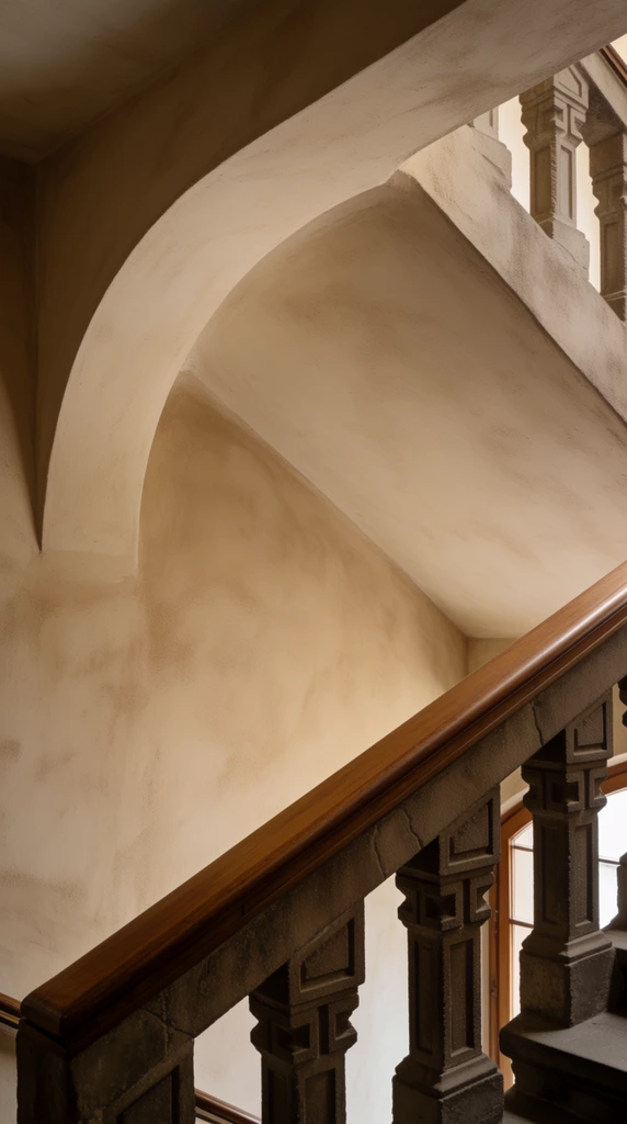 An architectural close-up of a staircase ascending diagonally. A polished brown wooden handrail rests on heavy, dark stone balusters with ornate geometric carvings. Smooth plaster walls in warm beige and sand tones rise behind the stairs, curving gracefully into a sweeping arch overhead. Soft, diffused lighting creates gentle gradients across the matte plaster, highlighting the textural contrast with the rough stone. A wooden-framed glass window is visible through the lower right balusters. The composition emphasizes strong diagonal lines, structural curves, and an earthy monochromatic palette.