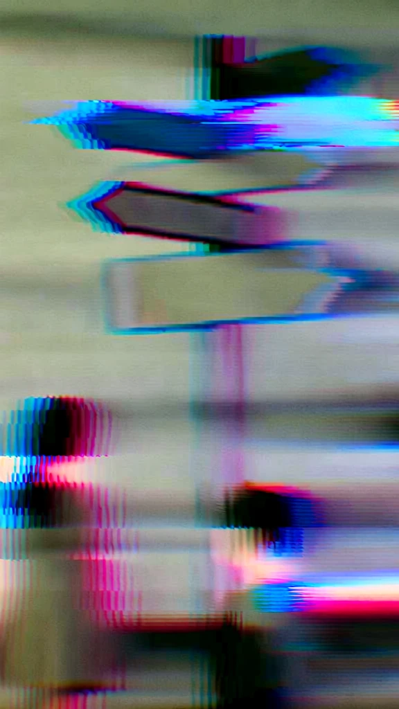 a girl and a boy standing in front of a signpost with multiple arrows pointing in different directions, experimental digital glitch aesthetic, aggressive horizontal pixel sorting, datamoshing artifacts, chromatic aberration with neon magenta and cyan fringes, scanline textures, high-speed motion blur, muted greyish-green background, vibrant electric blue streaks, fragmented silhouettes on left, extreme horizontal smearing, post-digital art style, distorted shapes, linear digital noise