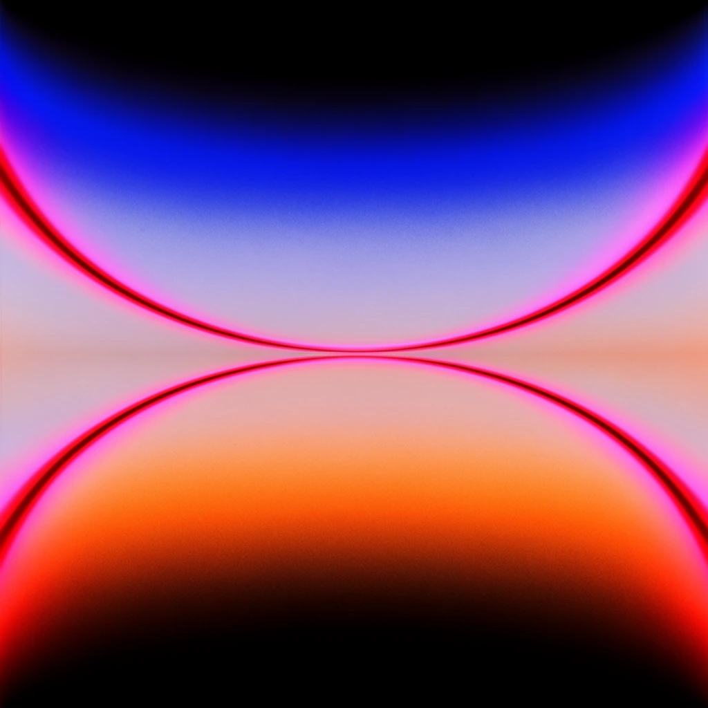abstract digital gradient, symmetrical composition, two opposing curved glowing lines forming an hourglass shape, neon pink and red luminescent boundaries, upper region fading from deep black to vibrant electric blue, middle area featuring smooth pale lavender and peach blends, lower section transitioning from fiery orange to pure black, uniform fine grain texture, seamless color transitions, high contrast edges, minimalist aesthetic, luminous color fields