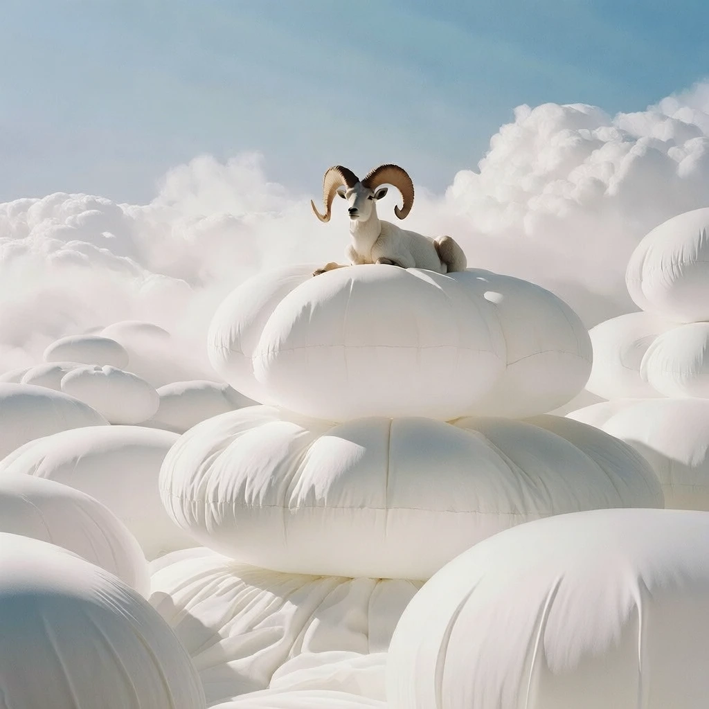 surreal minimalist dreamscape, giant white inflatable pillowy mounds stacked vertically, high-key ethereal lighting, monochromatic white and pale blue color palette, a bighorn sheep with large, curved horns perched atop soft puffy forms, pleated fabric textures, diffuse natural light, cinematic wide composition, hazy cloud-filled background, serene and otherworldly aesthetic, crisp detail on the sheep's textured horns and light-colored coat