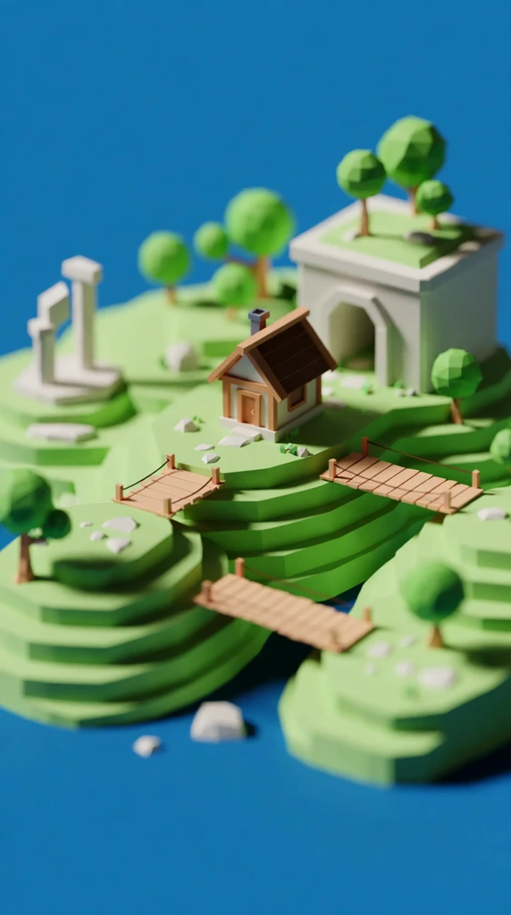 A low-poly 3D miniature island diorama floating in vibrant blue space. A tiny cabin rests on stepped green terrain accessed by wooden bridges. Stylized spherical trees, white stone ruins, and an arched tunnel dot the landscape. Strong tilt-shift focus and soft lighting enhance the smooth matte textures and toy-like scale.