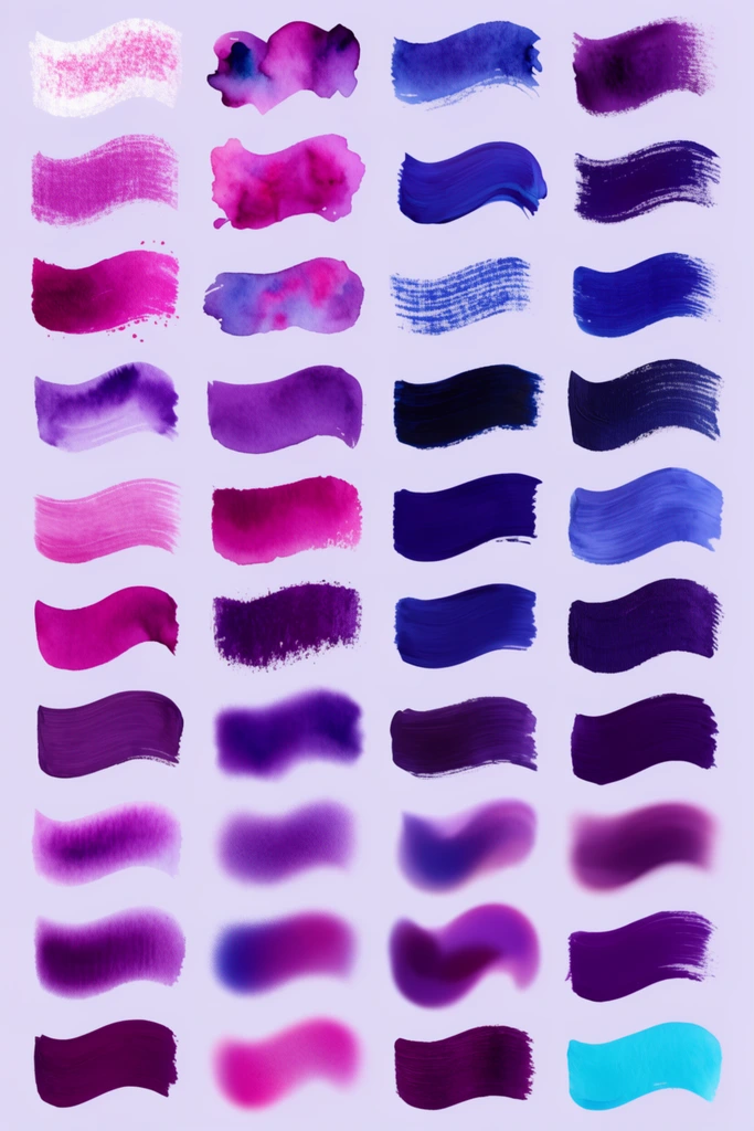 Forty wavy brushstrokes arranged in a precise grid of four vertical columns against a pale lavender background. The swatches display diverse artistic textures including chalky grain, fluid watercolor, opaque acrylic, and soft airbrush blending. The color palette features a spectrum of vibrant magentas, deep indigo blues, and rich purples, accented by a single bright cyan stroke at the bottom right. The systematic composition highlights varying opacities, bristle marks, and canvas textures.