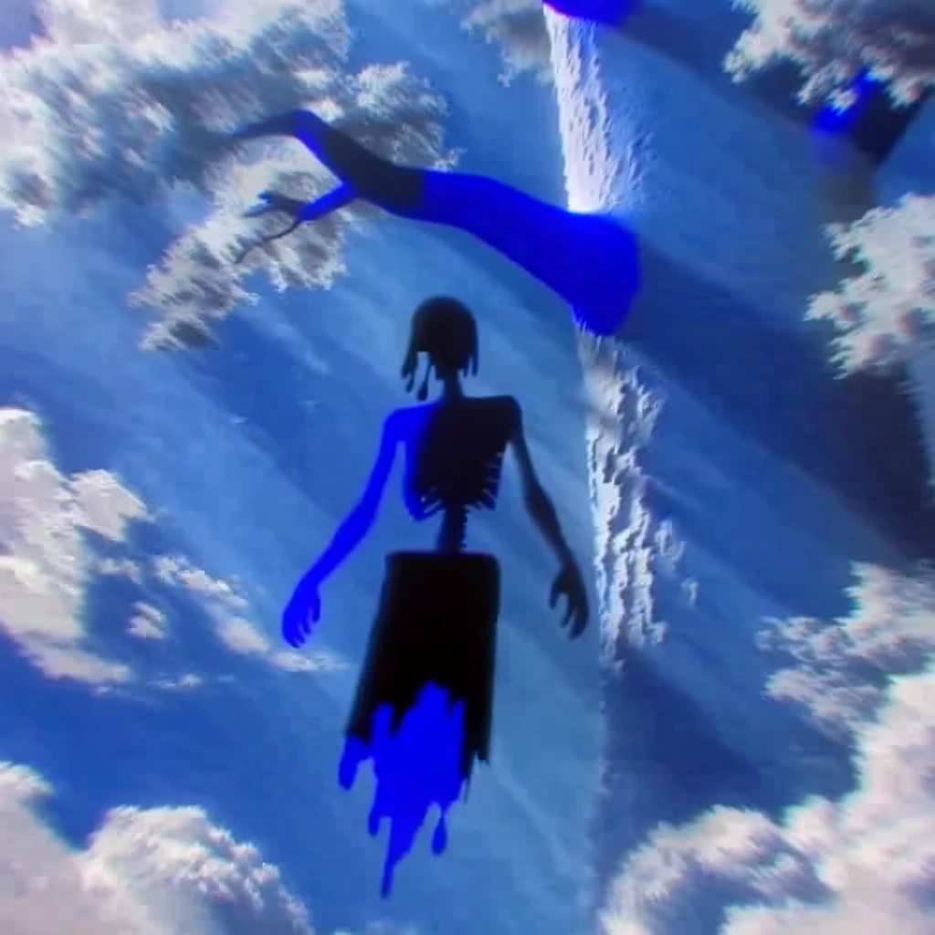 dreamcore aesthetic, low-fidelity 3d render, y2k internet art, skeletal figure floating in foreground, tattered rags at waist and head, fluid-like drips from skull and ribs, splayed fingers, flanked by two wispy forms, massive heavily textured tree trunk, thick branches, foliage, saturated cerulean and cobalt blue color palette, soft-focus blurring, digital compression artifacts, ethereal high-contrast glow, puffy white clouds, uncanny liminal atmosphere.