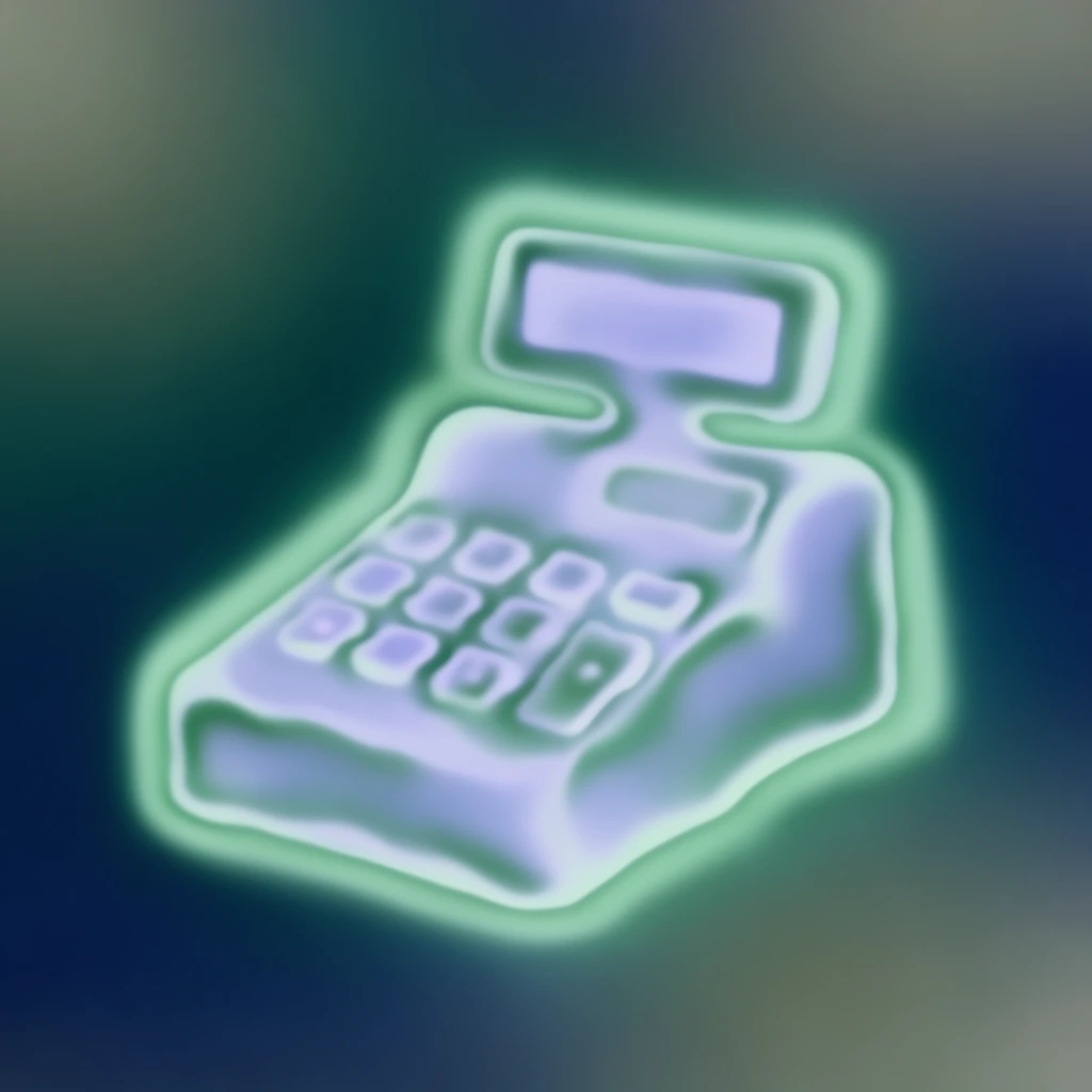 A cash register with buttons and a display rendered in a stylized, soft-focus aura photography aesthetic. The silhouette of the cash register features liquid, undulating contours defined by a thick, glowing mint green outline. Inside these glowing borders, the main body of the register, its keypad buttons, and the top display screen transition into smooth, fluid pools of pale lavender and ethereal periwinkle. The perimeters of the individual buttons and the screen melt softly into the machine's body with heavily blurred, amorphous edges, creating a spectral, stylized thermographic luminescence. The luminous machine is centered against a seamlessly blended, mottled gradient background of deep teal, midnight blue, and muted olive grey. The entire composition has a dreamy, completely out-of-focus quality, emitting a soft, localized neon radiance into the surrounding dark atmosphere.