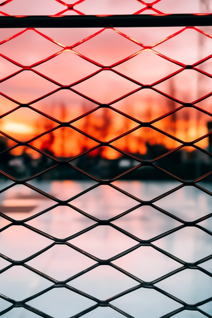 dark diamond-patterned metal mesh foreground, sharp focus, thin horizontal wires, red illuminated top edges, heavily blurred vibrant orange and pink sunset background, reflective pale ground, shallow depth of field, high contrast geometric framing