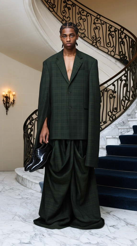 young Black male model with braided hair, wearing an avant-garde oversized dark green plaid suit, dramatically elongated jacket sleeves, draped ultra-wide trousers, holding a glossy black leather dress shoe in his hand, standing on a white veined marble floor, sweeping curved marble staircase backdrop with a dark blue carpet runner, ornate wrought-iron railings, glowing wall sconce, avant-garde fashion photography, full-body lookbook portrait, sharp focus, diffuse studio lighting, surreal luxury tailoring
