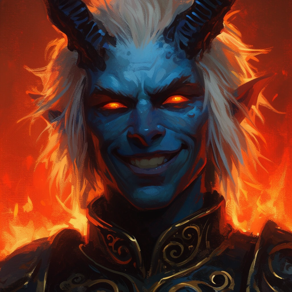 A tightly framed fantasy illustration of a grinning blue-skinned demonic figure with glowing orange eyes, dark ribbed horns, and shaggy white hair. The character wears dark armor featuring a high collar with swirling gold filigree. Set against an intensely bright fiery orange and red background, the ambient flames cast dramatic warm rim lighting across the figure's hair and shoulders. The artwork utilizes a painterly style with visible canvas texture and expressive brushstrokes, creating a striking complementary contrast between the cool blue skin tones and the blazing infernal backdrop.