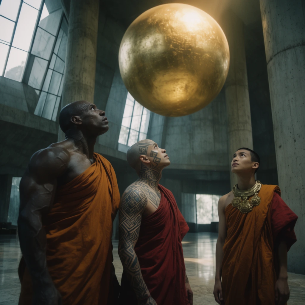 Three novice monks in draped saffron and crimson robes stand in a vast brutalist concrete temple, gazing upward in reverence at a colossal floating golden sphere. The central monk features a shaved head with elaborate geometric tattoos, flanked by a towering, heavily muscled figure and a slender monk wearing an ornate brass collar. A low-angle cinematic medium shot emphasizes their awe against massive unadorned concrete columns and enormous angular windows. Deep shadows contrast with a warm, radiant glow spilling from above, reflecting across the polished stone floor in a sharp 35mm film aesthetic with a cool, desaturated background palette.