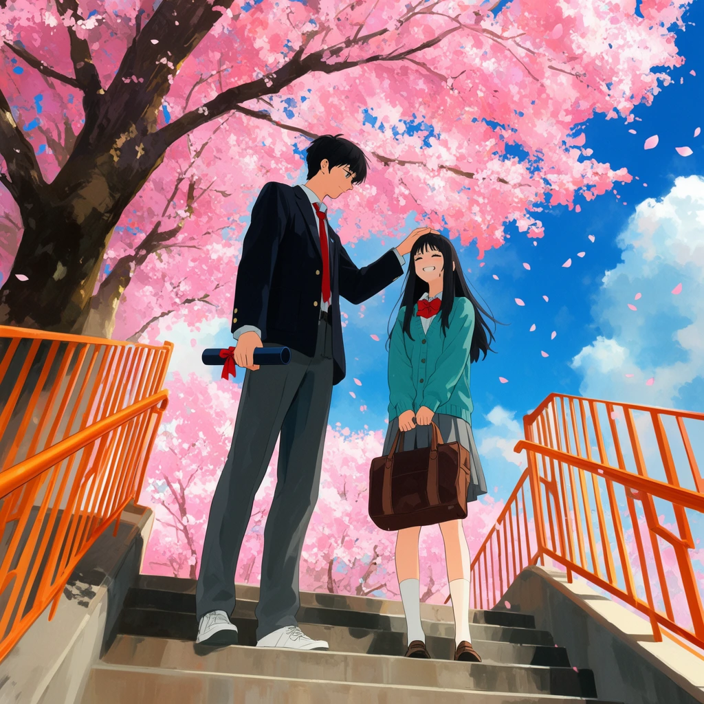 2D anime illustration, low angle shot of two teenagers on an outdoor concrete staircase, tall boy in a dark blazer and red tie holding a diploma tube gently patting the head of a smiling girl, girl with long black hair in a teal cardigan and pleated skirt holding a brown bag, vibrant canopy of pink cherry blossoms above, falling pink petals, vivid blue sky with white clouds, prominent tree trunk on the left, bright orange metal railings, sunny daylight, digital painting