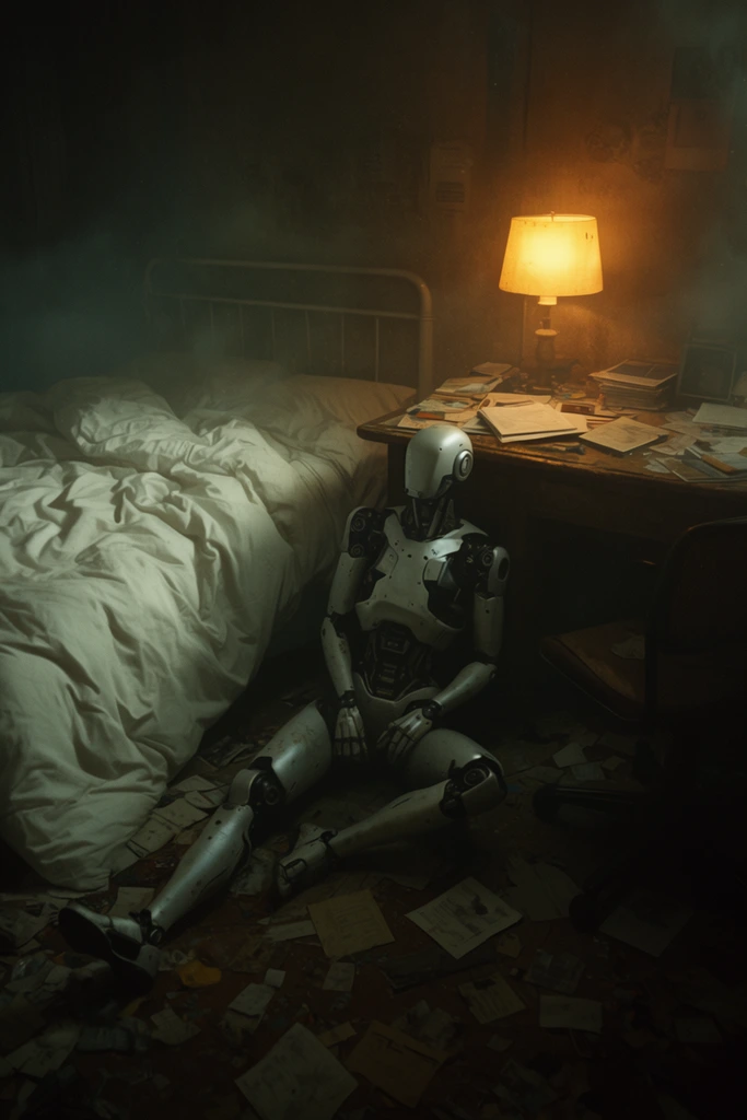 humanoid robot slumped on messy floor beside desk, dimly lit bedroom, rumpled white duvet on bed, warm glowing lamp, smoky cinematic atmosphere, scattered papers, deep shadows, dystopian sci-fi