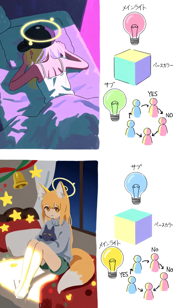 This digital illustration layout presents two distinct lighting studies, each pairing a completed anime-style character artwork on the left with a corresponding technical breakdown of the lighting scheme on the right. The top-left panel depicts a character with light-colored hair, wearing a white camisole and a black cap with a glowing yellow halo, lying face down on a bed in a room bathed in cool purple and teal tones. A vibrant pink light source from the upper right casts sharp, high-contrast shadows across the character's back and the rumpled bedding. To its right, the technical diagram features a pink light bulb labeled "メインライト" (Main Light) above a teal and purple cube, a green light bulb labeled "サブ" (Sub) on the side, and a circular arrangement of simplified humanoid figures labeled "YES" and "NO" with arrows, indicating the correct and incorrect ways to combine main and sub-light sources. The bottom-left panel shows a fox-eared girl sitting on a bed decorated with festive yellow stars and a golden bell, with a deep blue night sky visible through a window in the background. She wears a grey sweater and green shorts, holding a small dark creature, while warm yellow light creates bright highlights on her figure. The technical breakdown to the right of this image mirrors the layout above, but with a yellow light bulb labeled "メインライト" (Main Light) at the bottom left and a blue light bulb labeled "サブ" (Sub) at the top, illuminating a yellow and blue cube. Similar diagrams of small figures with "YES" and "No" labels are used to demonstrate the directional relationship between these two light sources. The text in the diagrams is written in a handwritten Japanese script, including terms like "ベースカラー" (Base Color) next to the cubes. The overall style is instructional and analytical, using a flat, painterly aesthetic for the character scenes and simplified line art for the diagrams.