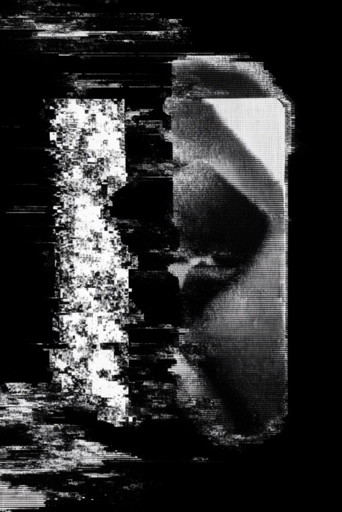 Monochrome Glitch Decay style AI image example 2