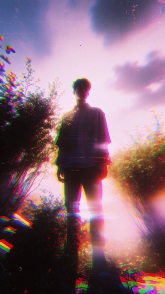 a man standing in center foreground, framed by dense bushes on the left and right sides under a hazy atmospheric sky, rendered in a digital glitch art aesthetic, heavy chromatic aberration with vibrant magenta and electric green color channel offsets, high-contrast lighting with deep black shadows and blown-out highlights, dreamy distorted analog film texture, vaporwave-inspired palette, soft-focus ethereal quality, digital artifacts, distorted silhouettes, grainy texture.