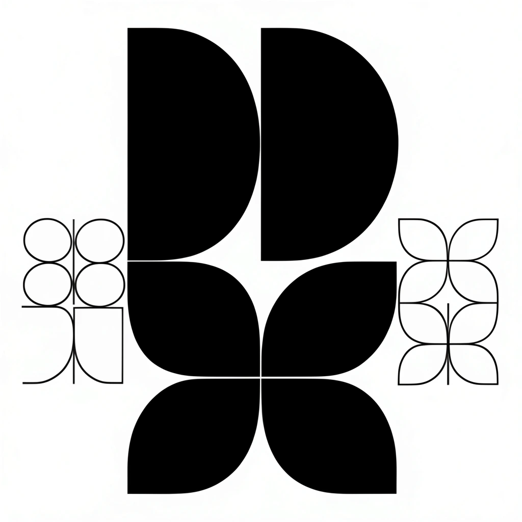 A stark minimalist composition featuring solid black geometric shapes and intricate curves against a pure white background. Large, bold forms are clustered centrally to establish a strong visual hierarchy. Finer, smaller line configurations flank this main central grouping. The asymmetrical yet balanced layout exhibits a modernist graphic design aesthetic, emphasizing high contrast and the interplay of positive and negative space.
