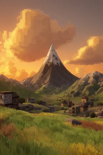 Retro Voxel Sunset style reference image — low-poly 3D