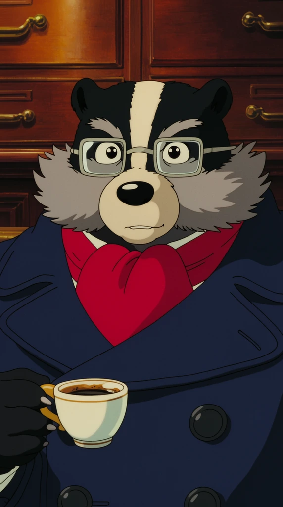 anthropomorphic badger character in classic 2D cel-shaded animation, wearing a navy blue peacoat and bright crimson cravat, square wire-rimmed glasses, bushy grey mutton chops, holding a small espresso cup in his right paw, rich mahogany wood-paneled background with brass drawer handles, warm cinematic lighting, nostalgic vintage anime aesthetic, detailed hand-drawn rendering, medium close-up framing