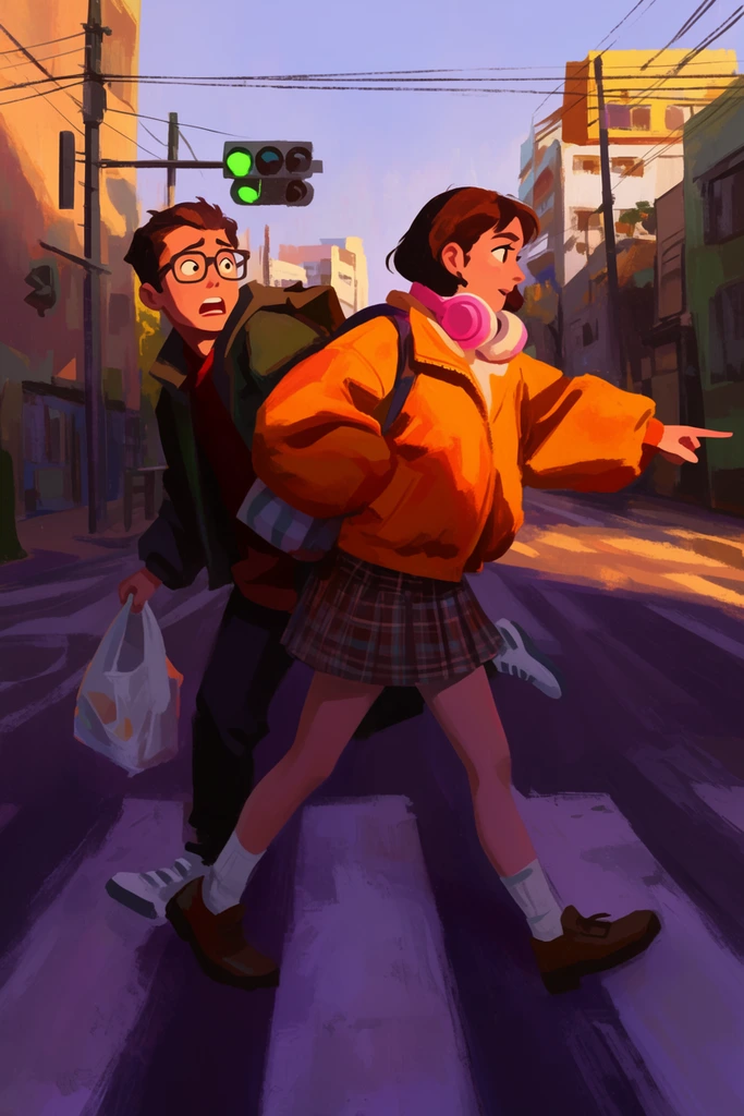 dynamic digital painting of two young adults crossing an urban street, female figure pointing forward in an oversized orange jacket and plaid skirt, pink headphones around her neck, startled young man pulled behind her wearing glasses and holding a plastic bag, city environment, green traffic light, power lines, dramatic golden hour lighting, warm rim light, deep purple shadows, expressive brushwork