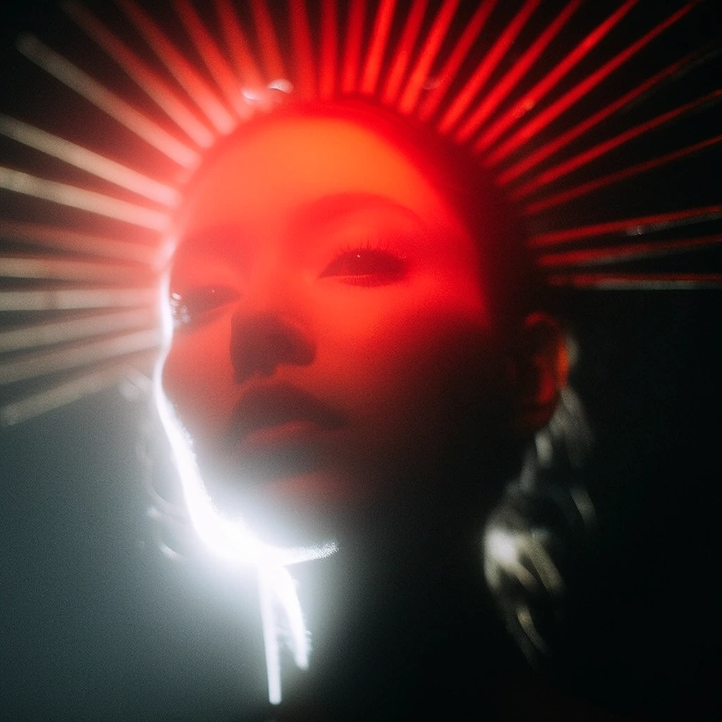 A close-up of a woman's face with lines radiating above her head, enveloped in dramatic high-contrast chiaroscuro and deep black shadows. An intense, saturated glowing red light centralizes on her face, casting a vibrant crimson bloom over the radiating lines and creating a thick, luminous haze. A harsh, blinding white backlight strikes from below, carving a sharp, brilliant rim light along her jawline and facial contours against the pitch-dark environment. The cinematic composition employs a very shallow depth of field, rendering the outer edges of the radiating lines and the deep background in a soft, atmospheric blur. The visual treatment features heavy film grain in the deep shadows, pronounced volumetric light diffusion, and a stark tri-color palette consisting exclusively of piercing white, luminous neon red, and absolute black.