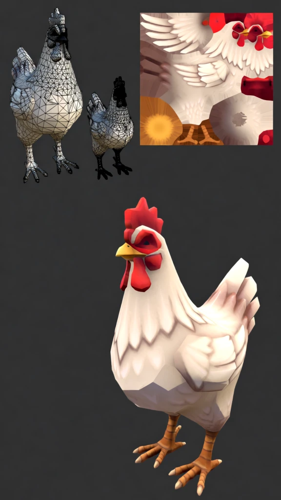 This technical showcase presents a low-poly 3D model of a white chicken in various stages of creation against a uniform dark gray background. At the top left, two wireframe versions of the chicken, one larger and one smaller, reveal a structure composed of numerous triangular polygons. To the right of these is a square texture map, displaying a flattened representation of the chicken's painted surfaces, including its red comb, white feathers, and scaly legs. Below these technical views, two fully textured models of the chicken are shown from a three-quarter perspective. The larger chicken on the right stands upright, while the smaller one on the left is positioned as if leaning forward. Each chicken features a white feathered body with dark gray accents on the wing and tail tips, a prominent bright red comb and wattle, a small yellow beak, and detailed tan-colored legs with sharp claws. Soft highlights and shadows are painted directly onto the textures to define the bird's form. In the bottom-left corner, white sans-serif text reads "361 tris each" above "512x512 diffuse map". In the bottom-right corner, similar text identifies the artist as "Marie Lazar" above the website "pixelbutterfly.com". The image uses a clean, professional layout characteristic of a 3D art portfolio, with the lighting appearing baked into the texture to provide a stylized, three-dimensional look.