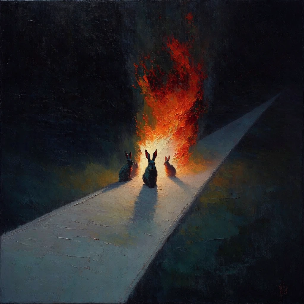 oil painting style with heavy impasto textures, deep midnight blue void, singular diagonal pale grey path cutting through the darkness, a central rabbit facing the camera flanked by two additional rabbits at the focal point, a massive vertical pillar of roaring orange and red fire erupting behind them, dramatic chiaroscuro lighting, warm orange glow reflecting on the pathway, minimalist surrealist composition, atmospheric and moody, painterly brushwork throughout.