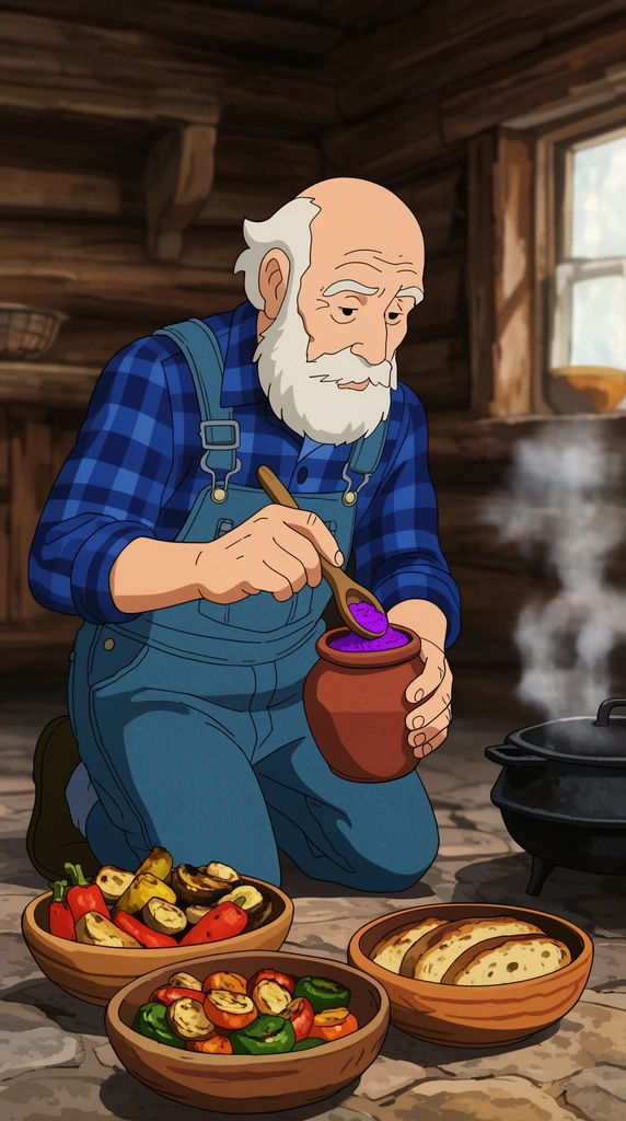 An elderly man with a white beard kneels on a stone floor in a rustic cabin, preparing a meal. He wears a blue flannel shirt and denim overalls, scooping bright purple spice from a clay jar with a wooden spoon. Before him sit three wooden bowls filled with roasted vegetables and bread. A steaming cast iron pot rests on the right. Rendered in a warm 2D animation style with soft lighting.