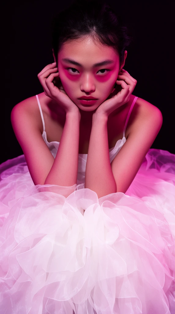 young East Asian woman resting chin on hands, intense direct gaze, stylized heavy pink under-eye makeup, dark hair pulled back, voluminous layered white organza dress filling the lower frame, pitch-black background, striking magenta studio lighting casting soft glowing pink hues on the white fabric and skin, editorial fashion photography, high contrast, moody ethereal atmosphere