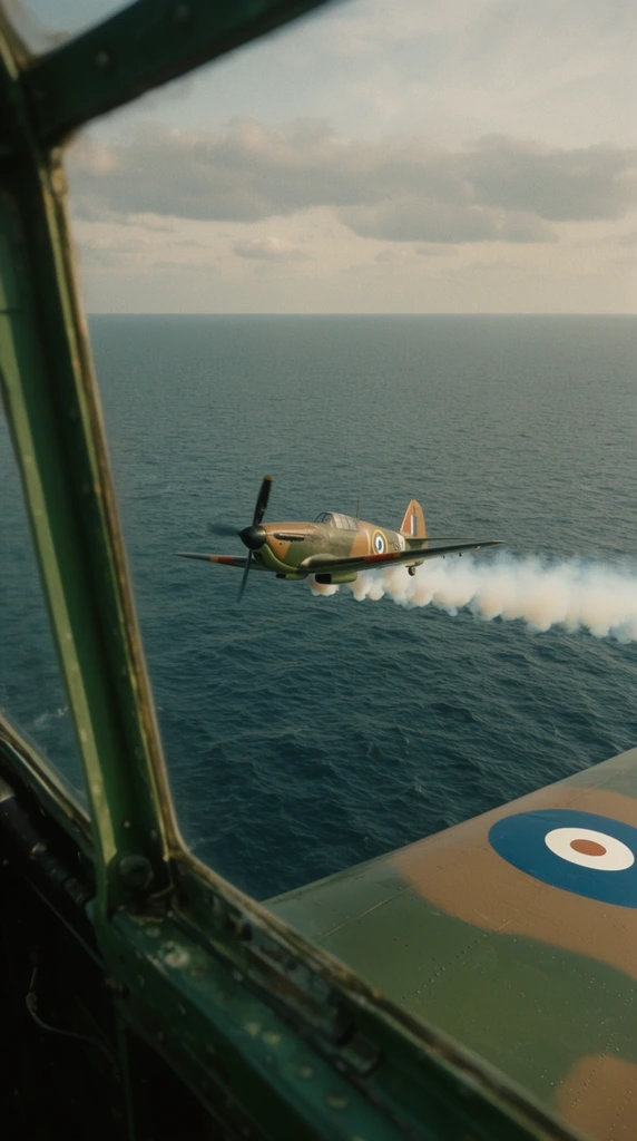 aerial view from a cockpit looking past a green metal window frame on the left, lower right foreground showing an aircraft wing with a blue and white circular emblem, a vintage single-engine fighter plane flying low over a dark blue ocean, the camouflaged aircraft trailing a thick stream of white smoke, vast rippling sea stretching to a flat horizon line, pale sky with soft grey clouds, natural cinematic lighting, muted teal and earth-tone color palette, slight film grain, realistic dramatic composition