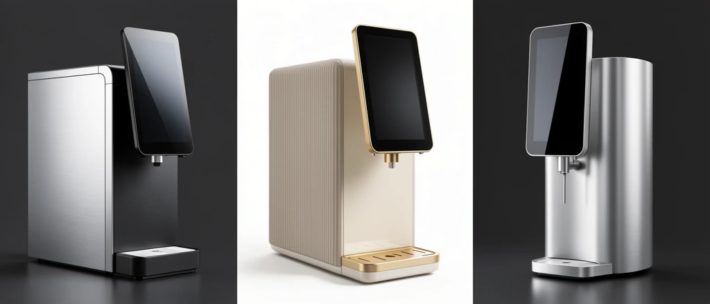 A triptych of three automated beverage dispensing machines rendered in hyper-realistic studio lighting. The left machine features a blocky brushed silver and matte black chassis with an angled, dark glass display panel. The center unit combines a corrugated beige texture with smooth cream panels, highlighted by a gold-framed floating screen and matching metallic drip tray against a stark white backdrop. The right machine presents a sleek, gently curved silver profile featuring a tall, vertical screen and a minimalist metallic dispensing spout against a dark charcoal background.