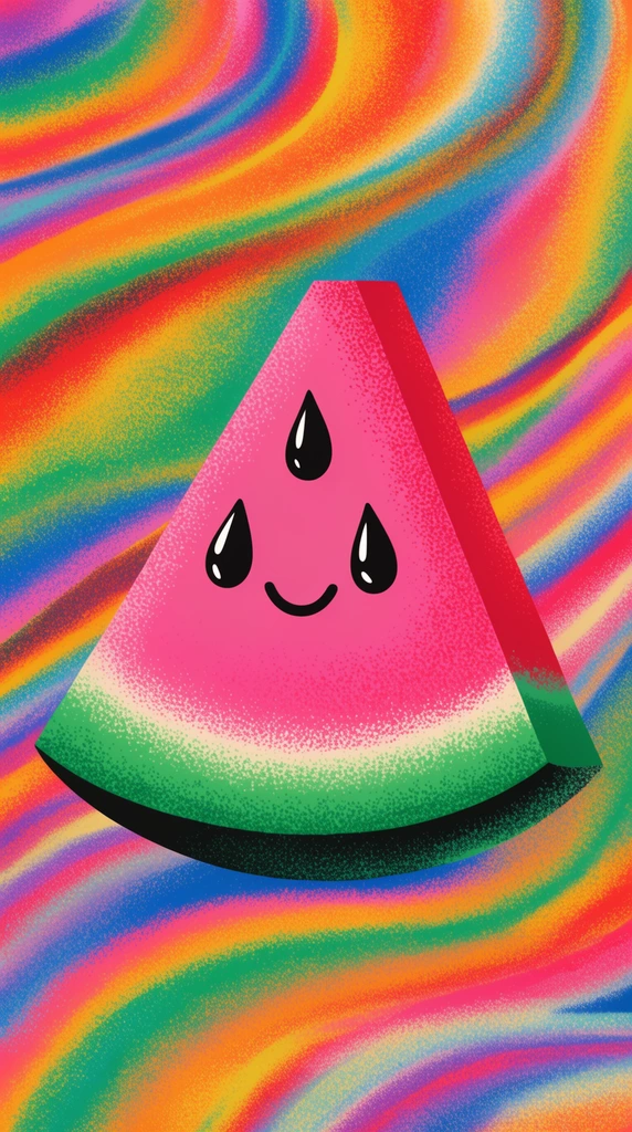 A stylized illustration of a happy watermelon slice featuring glossy black teardrop seeds and a simple curved smile. The vibrant pink and green fruit floats against a psychedelic background of flowing rainbow color swirls. The entire composition is unified by a heavy stippled grain texture that creates a retro pop-art aesthetic.