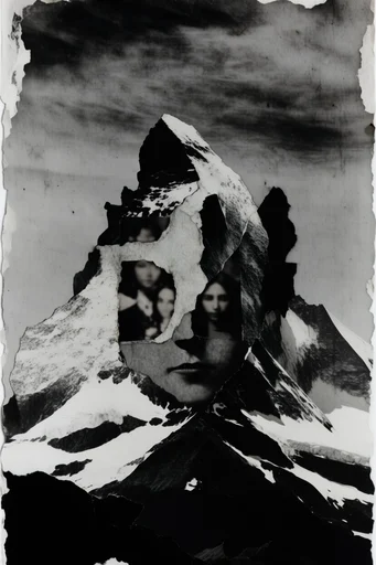 Fragmented Monochrome Collage style reference image — torn paper collage