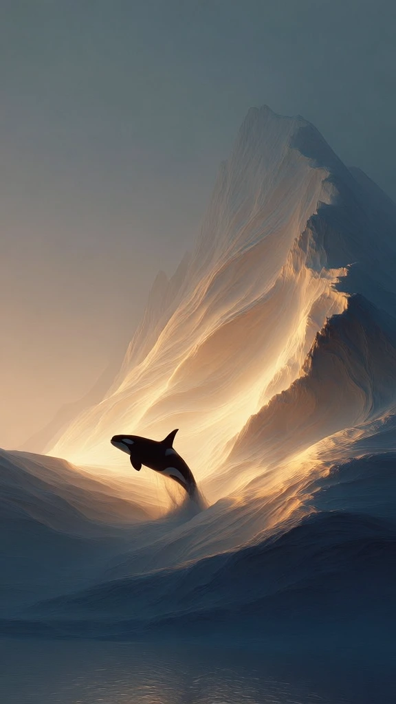 cinematic minimalist composition of an orca breaching from still water against a towering mountain, dramatic backlighting creating a radiant golden glow on the whale silhouette and mountain ridges, deep indigo and cool grey shadows, warm amber highlights, ethereal atmospheric haze, smooth sculptural textures, high-end cgi aesthetic, minimalist color palette, vast sense of scale, serene dreamlike atmosphere, soft focus background, sharp glowing edges, surreal lighting