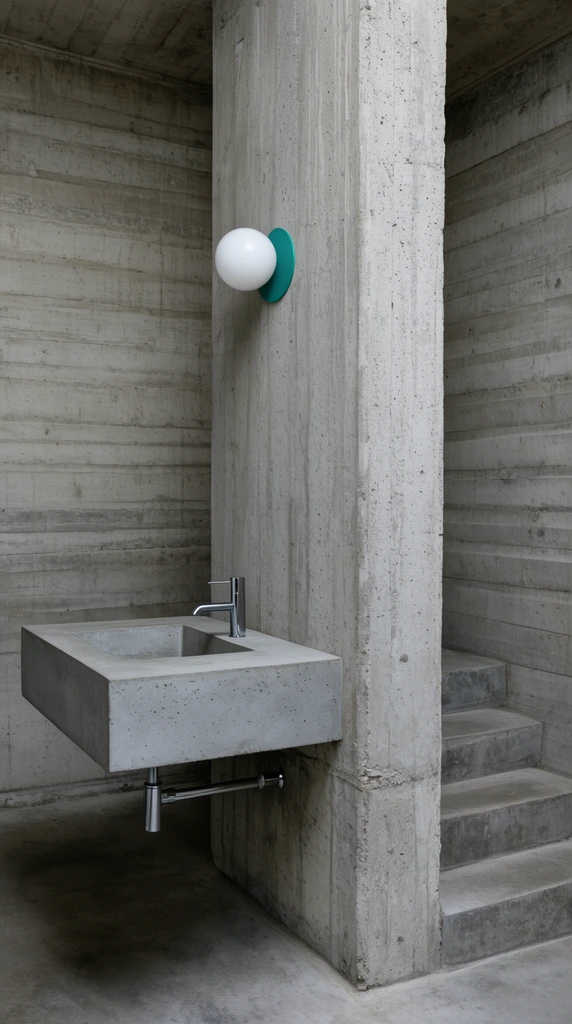 brutalist interior, floating concrete sink with chrome faucet, monolithic concrete pillar, adjacent concrete steps, board-formed walls, spherical sconce with teal accent, minimalist architectural photography