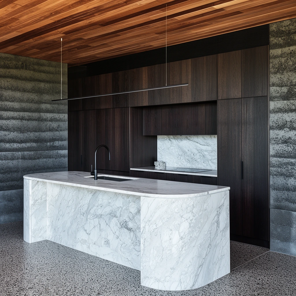 Modern minimalist kitchen, heavily veined white marble island with curved edge, matte black gooseneck faucet, speckled terrazzo flooring, textured grey rammed earth walls, dark espresso wood cabinetry, warm slatted wood ceiling, ultra-thin pendant light, natural lighting, architectural photography