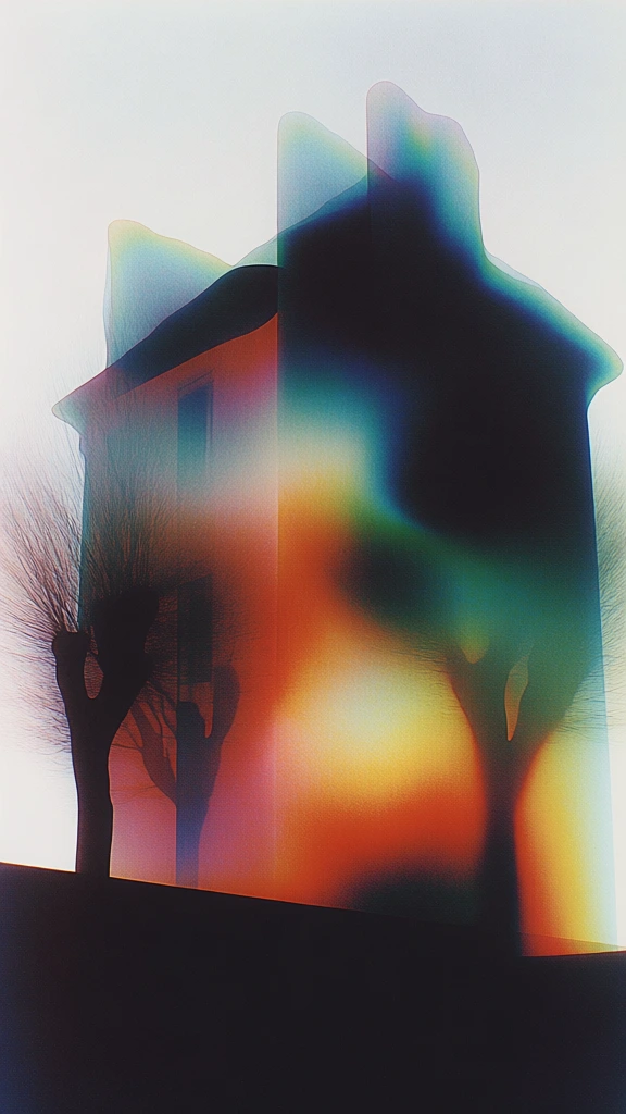 a building, skeletal bare trees, low wall, heavy stochastic grain, ethereal diffusion, glowing amber and teal internal gradients, high-key white background, halated silhouettes, soft-focus prismatic distortion, chromatic dispersion, translucent layering, 90s avant-garde editorial aesthetic, liquid transitions between form and light, atmospheric light leaks, saturated noise-heavy texture, painterly light-mapped forms