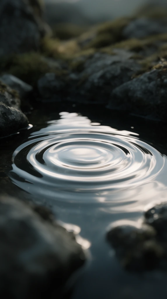 Gentle concentric ripples expand across a dark pool of water, their smooth crests catching bright, silvery reflections from a soft sky. A macro perspective with an extremely shallow depth of field heavily blurs the surrounding rugged, mossy rocks in deep grays and muted greens. Cinematic lighting emphasizes the glossy liquid texture against the out-of-focus terrain.