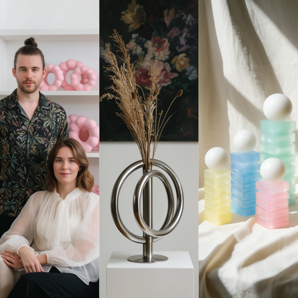 A vertical triptych composition showcases a contemporary design studio. The left panel features a standing man with a top knot in a dark botanical-print shirt positioned behind a seated woman wearing a sheer white blouse, with pink puffy ring sculptures on shelves behind them. The center panel focuses on a sleek, metallic circular tube vase resting on a white plinth, holding tall dried plant stems against a wall with a dark floral painting. The right panel displays a brightly lit still life of geometric sculptures resting on off-white draped fabric. Translucent, ribbed stacked blocks in pastel yellow, blue, mint, and pink are topped with perfect opaque white spheres, all illuminated by strong directional sunlight casting sharp, dramatic shadows across the textile backdrop.
