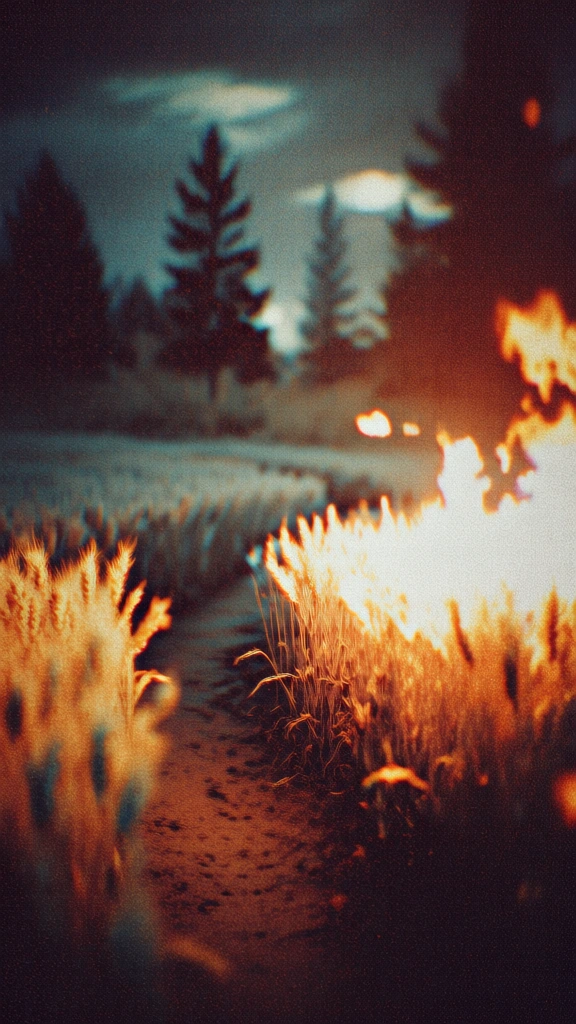 ultra-high-grain lo-fi analog photography, thick gritty texture, heavy noise, field of wheat grain catching intense orange incandescent fire-like highlights, winding dirt path, tall dark pine trees as deep teal silhouettes, dramatic chiaroscuro, blown-out glowing highlights, chromatic aberration, blurred motion, dreamlike surreal atmosphere, soft focus, high-contrast teal and orange palette, degraded vintage print aesthetic, hazy light leaks