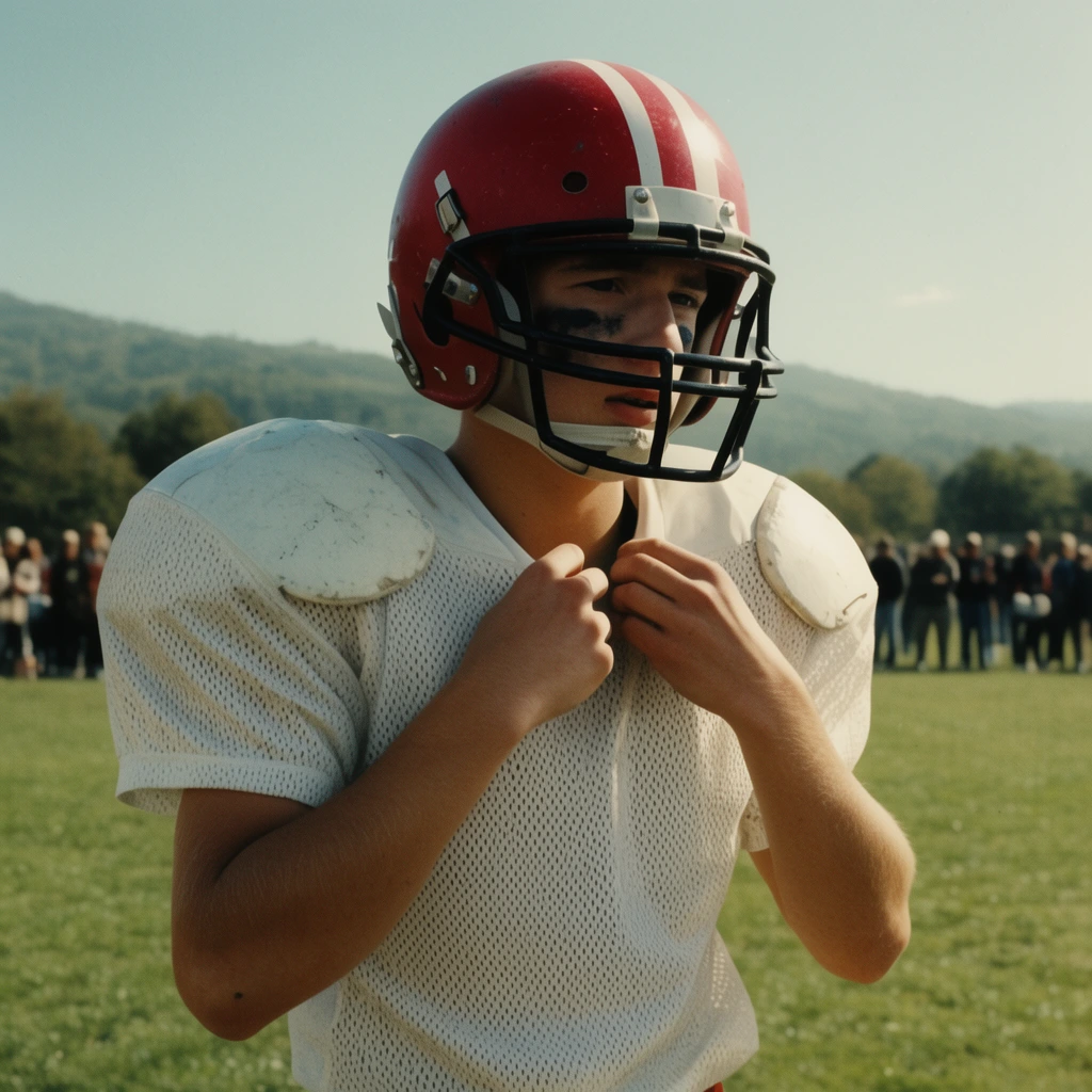 A young football player stands on a grassy field, adjusting his white mesh jersey over prominent shoulder pads. He wears a striped red helmet with a black faceguard and has black grease under his eyes. Captured in a cinematic mid-shot with bright daylight and a vintage film aesthetic. The softly blurred background reveals distant spectators lining the field, rolling green hills, and a clear sky.