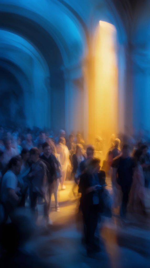 A densely packed crowd of men and women moving through a grand hall with towering architectural arches, captured with an extreme motion blur effect. The environment is saturated in deep, vibrant cyan and midnight blue ambient tones, pierced by an intense, glowing vertical column of warm golden-yellow light descending through the space. This radiant orange-yellow illumination pools on the floor and heavily backlights the softly abstracted forms of the crowd. The architectural curves of the arches and the individual figures merge into smooth, sweeping gradients of color and overlapping soft shapes created by a long-exposure photographic technique. The composition relies on the stark color contrast between the expansive cool blue shadows and the concentrated warm light, rendering the entire scene in an exceptionally soft focus characterized entirely by fluid, blended color transitions.