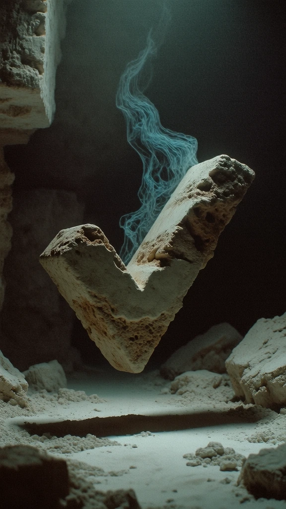 center-framed monolithic checkmark shape carved from weathered porous stone, levitating in a dark archaeological void, wispy ethereal vapor trails, atmospheric haze, dramatic top-down lighting, soft shadow cast on a floor of fine white dust and jagged rubble, desaturated palette with subtle cyan undertones, heavy 35mm cinematic grain, high-tactile eroded textures, somber archaic mood, soft-focus peripheral vignette, brutalist minimalism, low-key chiaroscuro rendering