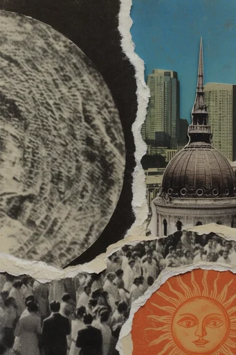 Analog Surrealist Collage style reference image — torn paper edges