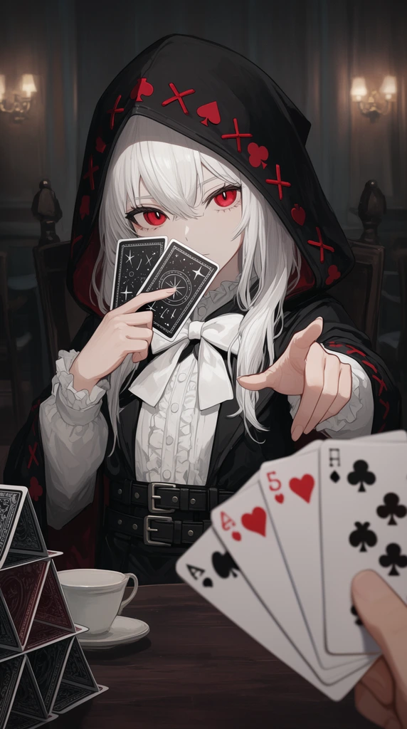 An anime-style girl with long white hair and piercing red eyes engages in a card game across a dimly lit parlor table from a first-person perspective. She wears a black hooded cloak adorned with red cross-stitching and card suit motifs, over a white ruffled shirt, a large bow tie, and a multi-buckled belt. Her right hand raises two cards with celestial backing designs to her face, while her left hand points gracefully toward the viewer. In the immediate right foreground, an opposing hand holds a fan of four playing cards displaying red and black suit patterns. The dark wooden table holds a white teacup and a precarious card house on the left edge. The soft-focus background features a moody interior with glowing wall sconces and dark wooden chairs, rendered in a highly detailed, cinematic illustration style utilizing a muted color palette of deep blacks, crisp whites, and striking crimson accents.